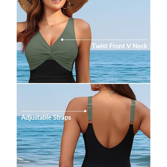 Holipick Women Green and black Tummy Control One Piece Push Up Bathing Swimsuit - Picture 3 of 6